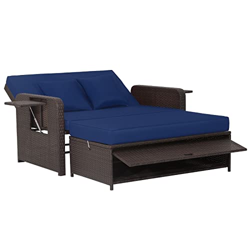 COSTWAY Patio Rattan Loveseat Set Daybed Lounge Storage Ottoman Side Tables Adjust Navy