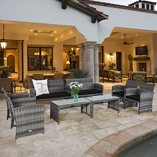 COSTWAY 8PCS Patio Rattan Furniture Set Conversation Glass Table Top Cushioned Sofa Black