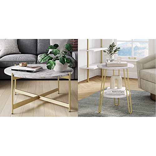 Nathan James Piper Faux White Marble Round Modern Living Accent Side or Coffee, Gold Brass & Alexis Round Modern Side Accent, End Table, 18D x 18W x 22H in, White/Gold