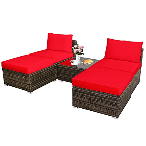 COSTWAY 5PCS Patio Rattan Wicker Furniture Set Armless Sofa Cushioned Red