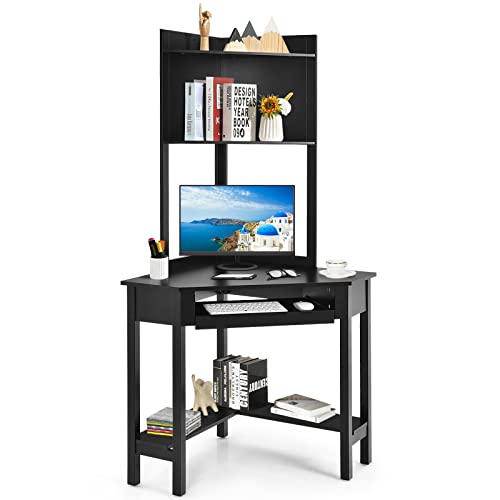 COSTWAY Corner Desk with Hutch, Compact Corner Computer Desk, Study and Writing Table with Keyboard Tray & Bottom Shelves, Space-saving Laptop PC Desk for Small Space, Home, Bedroom, Apartment (Black)