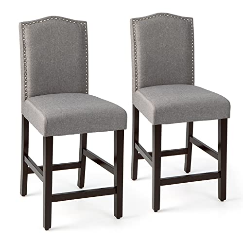 COSTWAY Bar Stools Set of 2, Linen Upholstered Counter Height Chairs with Solid Rubber Wood Legs, 25Ó Kitchen Island Wood Bar Chairs with Nail Heads Decorations, for Kitchen, Bistro, CafŽ (2, Grey)