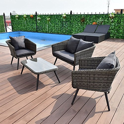 Costway 4 PCS Grey Rattan Wicker Furniture Set Loveseat Sofa Cushioned Garden Deck