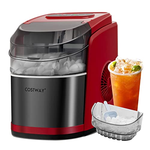 COSTWAY Countertop Ice Maker, Self-Cleaning Function, 26.5 LBS Ice Per Day, 9 Ice Cubes Ready in 6-13 Minutes, Fully Open, Portable Ice Machine with Ice Scoop, Basket for Kitchen Bar Office, Red