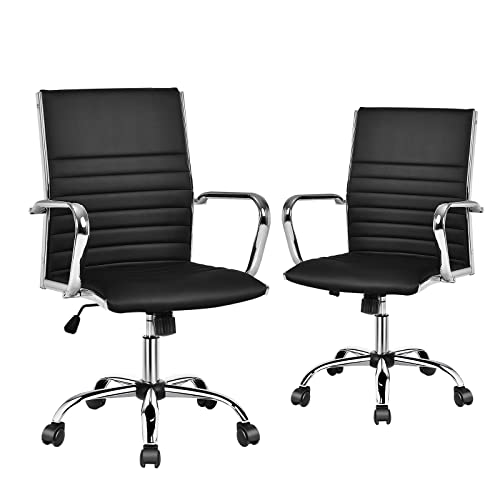 COSTWAY Ribbed Office Chair Set of 2, Swivel Executive PU Leather High Back Chair with Height Adjustable, Armrest, Rocking Backrest, Lumbar Support, Ergonomic Task Managerial Chair for Home (Black)