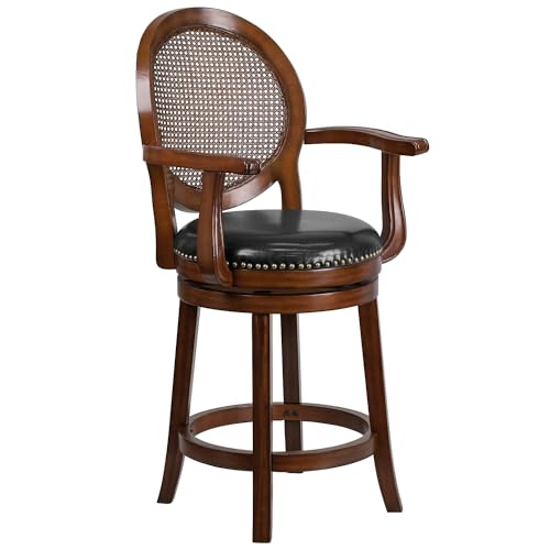 Flash Furniture Victor 26'' High Expresso Wood Counter Height Stool with Arms, Woven Rattan Back and Black LeatherSoft Swivel Seat