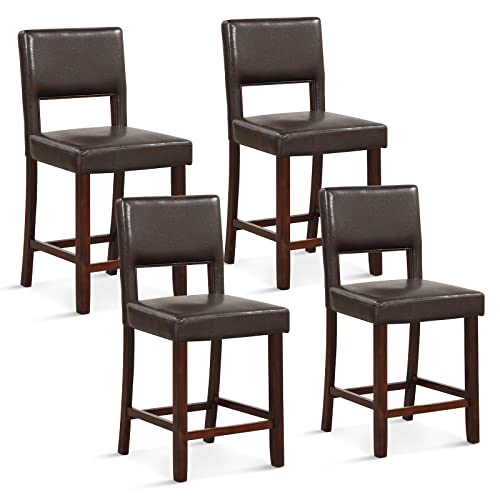 COSTWAY Bar Stool Set, PVC Leather Counter Height Chairs with Hollowed Backs, Rubber Wood Legs, Upholstered Bar Stools for Kitchen Island Home Bar Pub Dining Room (4, Brown)