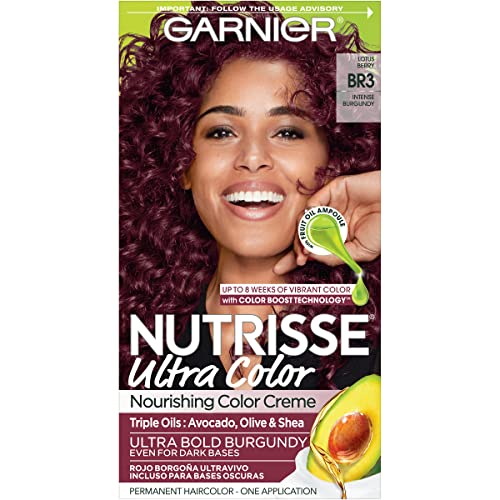 Garnier Hair Color Nutrisse Ultra Color Nourishing Creme, BR3 Intense Burgundy (Lotus Berry) Red Permanent Hair Dye, 1 Count (Packaging May Vary)