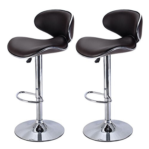 COSTWAY Curved Seat Adjustable Bar Stools Leather Modern Hydraulic Swivel Dinning Chair Bar Stool-Set of 2 (Brown)