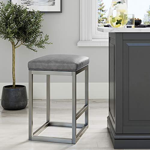 Nathan James Nelson Bar Stool with Leather Cushion and Metal Base, 24", Gray/Stainless Steel