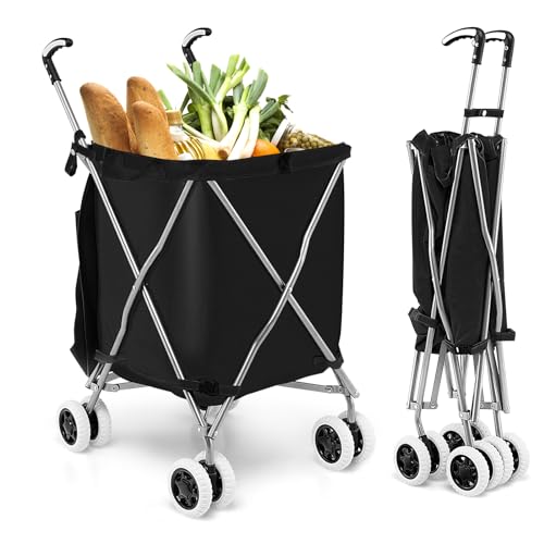 COSTWAY Folding Shopping Cart, Portable Grocery Cart on Wheels with Removable Waterproof Oxford Cloth Liner, Transport Up to 120 Pounds, Lightweight Utility Cart for Groceries, Laundry (Black)