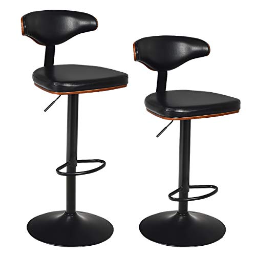 COSTWAY Bar Stool, Walnut Bentwood Upholstered Swivel Barstool, with Footrest, Height-Adjustable, PU Leather Cushion Counter Barstools for Kitchen, Bistro and Pub (Set of 2)