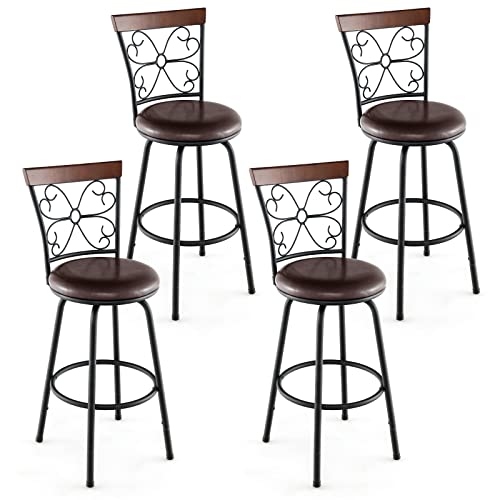 COSTWAY Bar Stools for Kitchen Island, 24/30 Inch Adjustable Seat Height Swivel Barstools Set of 4, Cushioned Seat & Cozy Backrest, Extra Leg Tubes for Height Adjustment, for Kitchen, Bar (4)