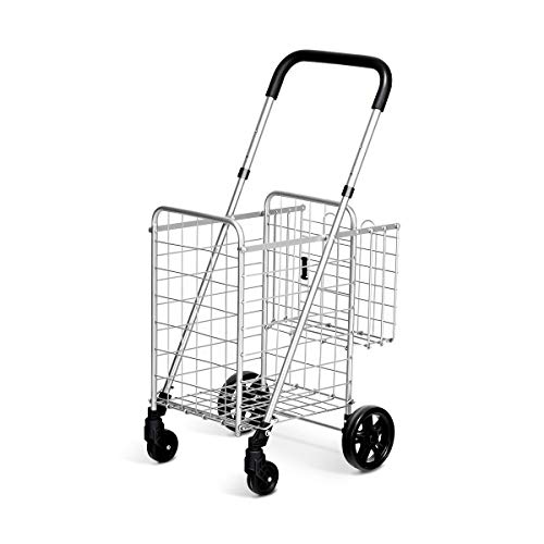 Folding Shopping Basket Rolling Trolley with Adjustable Handle (Silver) by SpiritOne