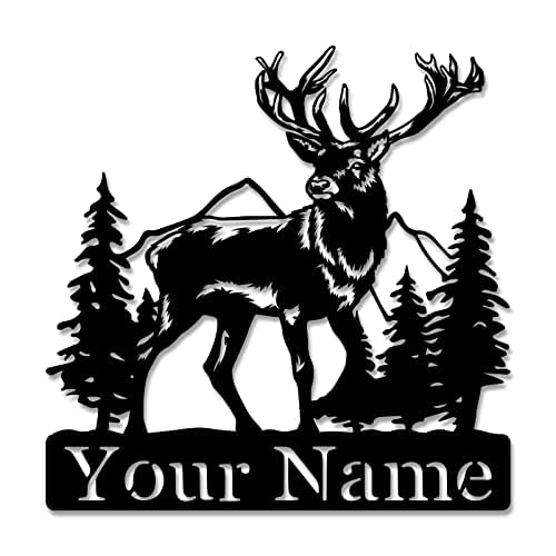 Custom Name Sign, Deer and Mountain Forest Metal Wall Art, Outdoor Decor Deer Hunting Metal Wall Hanging Decor, Personalized Gift for Family Friend Anniversary Wedding Gift