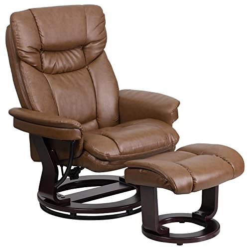 Flash Furniture Allie Contemporary Multi-Position Recliner and Curved Ottoman with Swivel Mahogany Wood Base in Palimino LeatherSoft