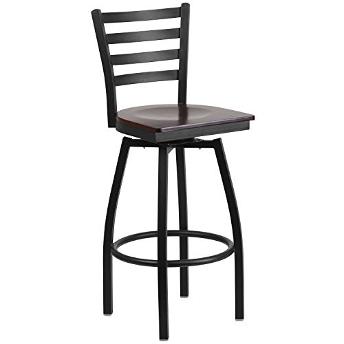 Flash Furniture HERCULES Series Black Ladder Back Swivel Metal Barstool - Walnut Wood Seat