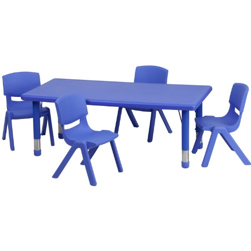 Flash Furniture 24''W x 48''L Rectangular Blue Plastic Height Adjustable Activity Table Set with 4 Chairs