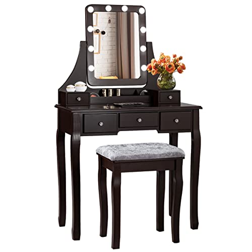 COSTWAY Vanity Table Set with Lights, with 10 LED Bulbs, 360¡ Swivel Mirror, 5 Drawers, 3 Compartments, Non-Slip Foot Pads, Adjustable Brightness, Makeup Table & Cushioned Stool Set (Coffee)