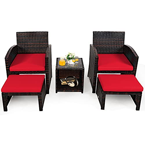 COSTWAY 5PCS Patio Rattan Wicker Furniture Set Sofa Ottoman W/Cushions Red