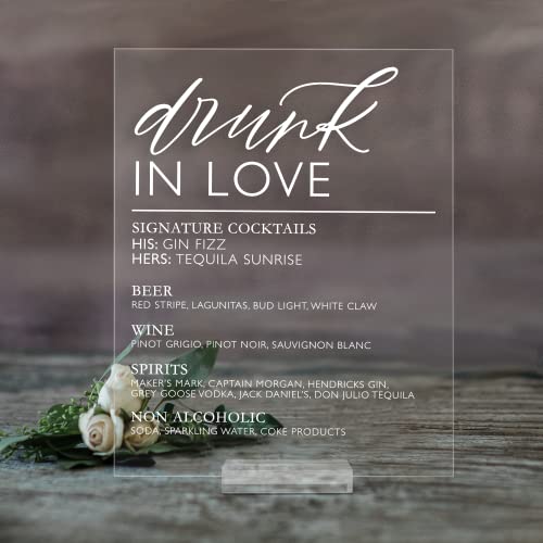 Signature Cocktail Wedding Sign - Drunk in Love Lucite Bar Menu with Stand - Perfect Decor for Special Events, Birthdays, & Reception