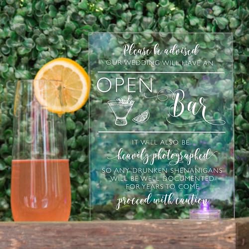 Sweet Carolina Collective Open Bar Wedding Sign - Clear Acrylic, Durable & Handmade - Perfect for Destination Weddings | (5X7, Stand Included)