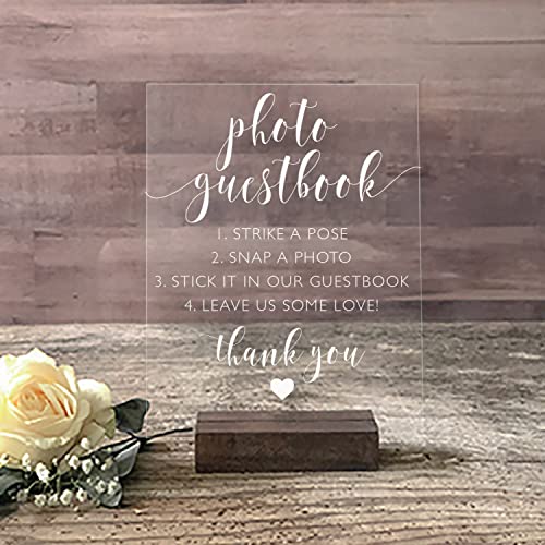 Wedding Photo Guestbook Sign: Wedding Guest Book Sign-in – 8x10 Clear Acrylic Sign with Clear Acrylic Stand – Handmade & Hand-Painted Sign Our Guestbook Message Sign (5X7, Dark Walnut Stand)