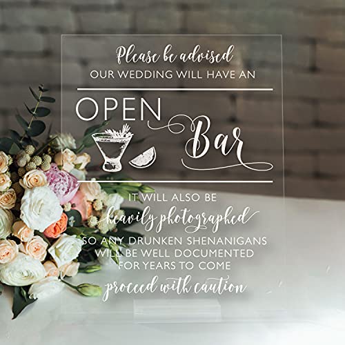 Sweet Carolina Collective Open Bar Wedding Sign - Clear Acrylic Cocktails Sign, Durable & Handmade - Perfect for Destination Weddings | (8X10, Stand Included)