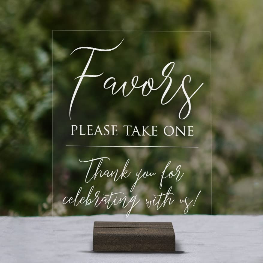 Favors Sign for Wedding - Please Take One Thank You for Celebrating With Us, Sleek and Modern Lucite Decor for Gifts and Cards Special Events Table with Stand (8x10, Dark Walnut Stand)