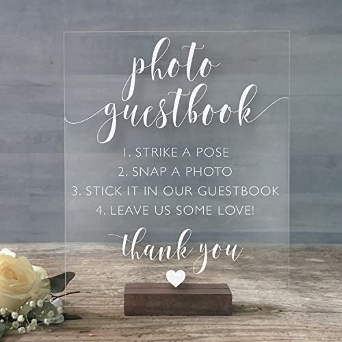 Wedding Photo Guestbook Sign: Wedding Guest Book Sign-in – 8x10 Clear Acrylic Sign with Clear Acrylic Stand – Handmade & Hand-Painted Sign Our Guestbook Message Sign (8X10, Dark Walnut Stand)