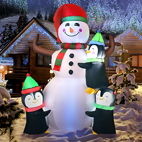 COSTWAY 6ft Christmas Inflatable Snowman with Penguins Quick Blow up Snowman