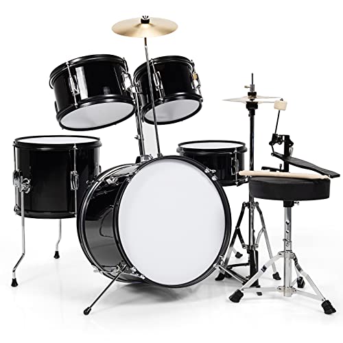 COSTWAY Kids Drum Set, 16Ó Junior Drum Kit with Bass/Snare/Toms/Floor Drum, Hi-Hat, Cymbal, Pedal, Seat, Drumsticks, 5 PCS ChildrenÕs Beginner Drum Instrument for Age 3-12 (Black)