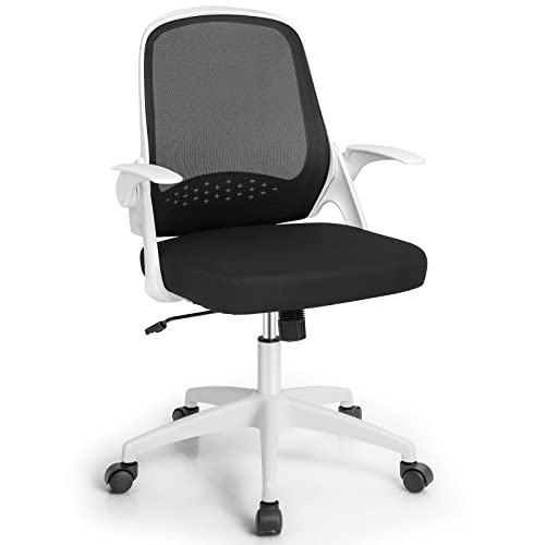 COSTWAY Mesh Office Chair, Adjustable Swivel Executive Chair with Flip-up Armrest, Lumbar Support and Rocking Backrest, Ergonomic Breathable Computer Desk Chair for Home Office (White)