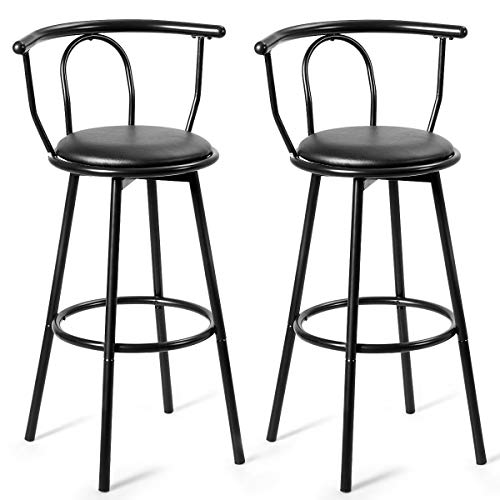 COSTWAY Bar Stools, Modern and Classic Rotatable Counter Pub PVC Leather Chairs, Round Padded Seat with Footrest & Back, Bar Pub Dining Room Kitchen Home Furniture (Gloss-Black, Set of 2)