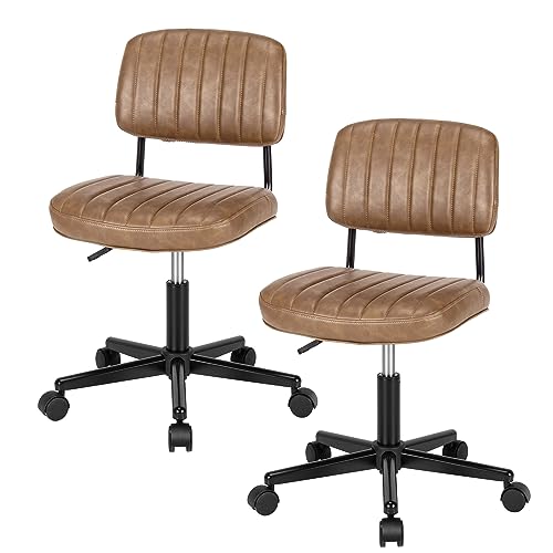 COSTWAY Leisure Home Office Chair Set of 2, Armless PU Leather Swivel Task Chair, Height Adjustable Rolling Computer Desk Chair for Kids Teens Adults (Brown)