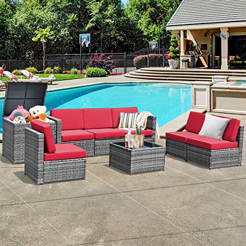 COSTWAY 8 PCS Wicker Sofa Rattan Furniture Set Patio Furniture w/Storage Table Red