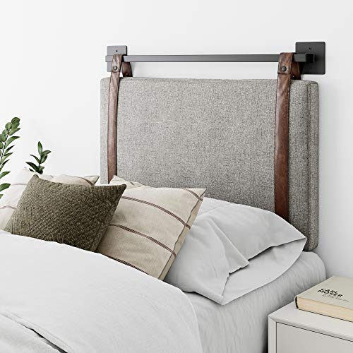 Nathan James Harlow Modern Wall Mount Hanging Headboard, Twin, Gray with Brown Faux Leather Straps