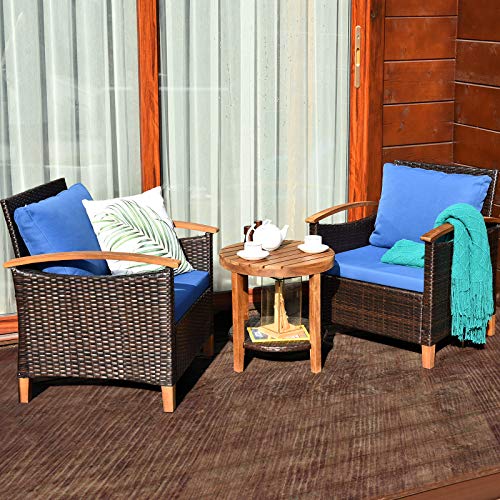 COSTWAY 3PCS Patio Rattan Furniture Set Solid Wood Frame Cushion Sofa Round Table Shelf