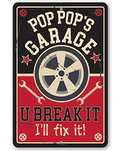 Grandparents Gifts - Pop Pop's Garage Metal Sign - Gifts for Grandparents, Gifts for Dad From Daughter or Son, Things To Get Your Dad For Christmas, Best Gifts for Dad or Grandpa, Garage Signs for Men