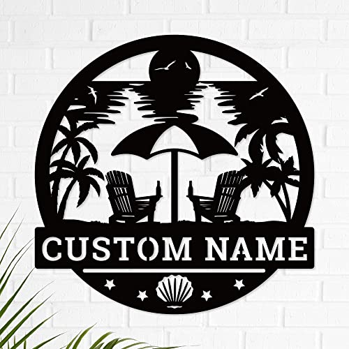 Personalized Family Name Sign Custom Last Name Sign Monogram Letters Wall Decor Personalized Name Signs for Home Decor Metal Established Sign Initial Split Letter Monogram Sign (Sunset Beach)