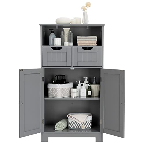 COSTWAY Bathroom Storage Cabinet, Freestanding Storage Organizer with 2 Drawers & Adjustable Shelf, Wooden Floor Cabinet for Living Room, Bedroom, Kitchen, Entryway (Gray)