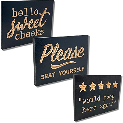 Funny Bathroom Signs (Set of 3) - 6 x 9 inch - Carved Wooden Bathroom Wall Decor - Guest Bathroom Door Sign - Funny Bathroom Decor - Above Toilet Decor - Seat Yourself -Sweet Cheeks-True Stock Studios