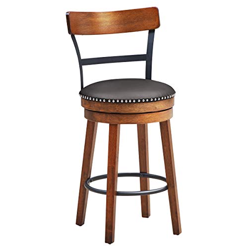 COSTWAY Bar Stools, 360-Degree Swivel Stools with Leather Padded Seat, Single Slat Ladder Back & Solid Rubber Wood Legs, Counter Height Stools for Pub, Restaurant, Kitchen, Brown (1, 25.5)