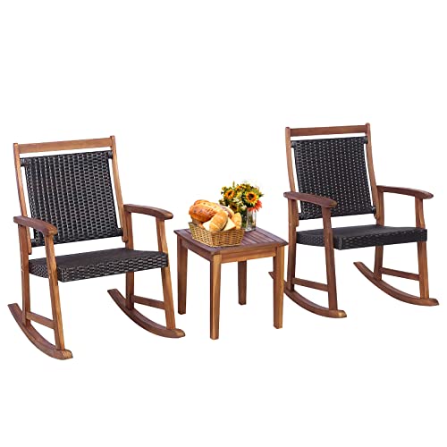 COSTWAY 3PCS Patio Rattan Rocking Chair Bistro Set Acacia Wood Frame Armrest