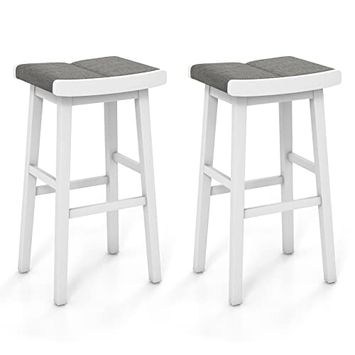 COSTWAY Saddle Stools Set of 2, 31.5-inch Height Backless Bar Chair with Rubber Wood Frame, Sponge Cushions, Foot Rest, Upholstered Counter Height Bar Stools for Kitchen Island Dining Room, Grey+White