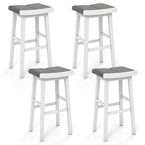 COSTWAY Saddle Stools Set of 4, 31.5-inch Height Backless Bar Chair with Rubber Wood Frame, Sponge Cushions, Foot Rest, Upholstered Counter Height Bar Stools for Kitchen Island Dining Room, Grey+White