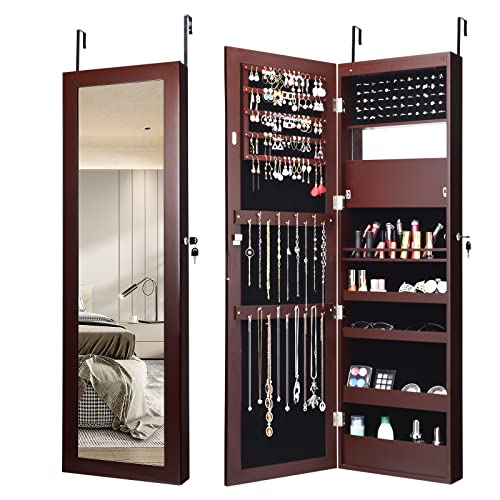 COSTWAY 12 LEDs Mirror Jewelry Cabinet, Wall/Door Mounted Jewelry Organizer Cabinet with 53.5Ó Full Length Mirror & Large Storage Capacity, Lockable Jewelry Armoire for Women Girls (Brown)