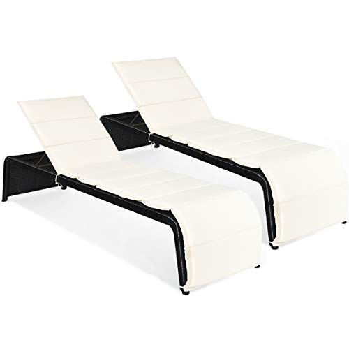 COSTWAY 2 PCS Patio Rattan Lounge Chair Chaise Recliner Back Adjustable Cushioned Garden