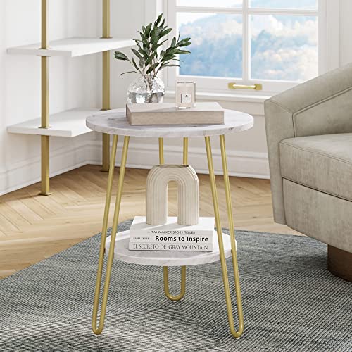 Nathan James Ashley Round Modern Side Accent or End Living Bedroom and Nursery Room, 1 Table, White/Gold