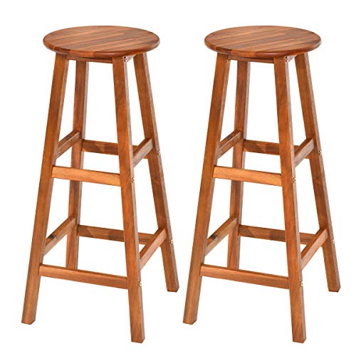 COSTWAY Set of 2 Pub Height Bar Stool, 30Inch Round Acacia Wood Stool, Bar Stool Solid Wood Chair with Foot Plate, Round Seat with Stable Legs, Ideal for Kitchen, Restaurant, Pub, Bar and Outdoor